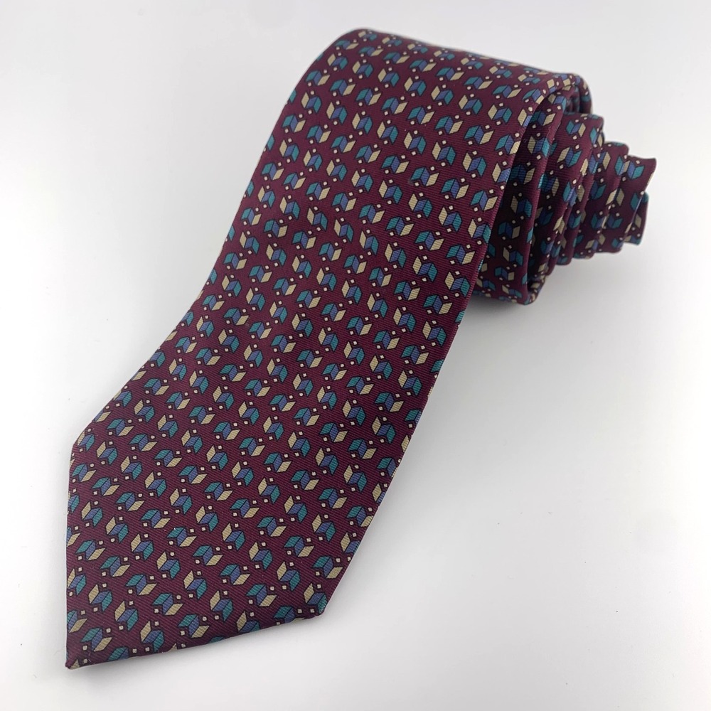Christian Dior Monsieur Mens Tie Burgundy Teal Taupe Geometric 100% Silk Necktie